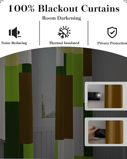 Avocado Green 100% Blackout Curtains for Bedroom 96 inch Long 2 Panels Set White Modern Abstract Geometric Black Out Curtains Insulated Room Darkening Window Drapes for Living Room, 52Wx96L