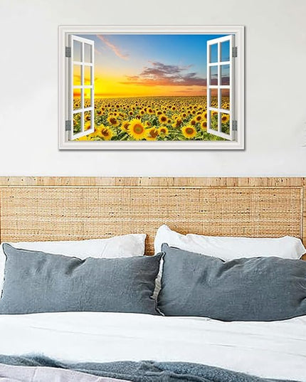 Sunflower Wall Art Decor for Living Room Window Style Sunset Canvas Picture for Bedroom Realism Yellow Flowers Filed Artwork for Bathroom Nature Landscape Prints Paintings for Kitchen Home Office