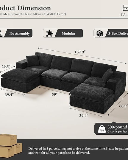 108" Sectional Couches for Living Room Boneless Couch Upholstered Cloud Couch Sectional Modular Sectional Sofa with L Shaped (Chenille-Black, 4 Seat+2 Ottoman)