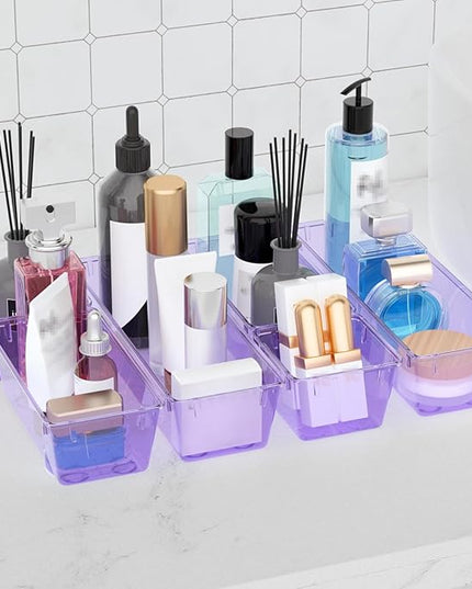 WOWBOX 6 Pack Clear Drawer Organizer Set, Acrylic Drawer Storage Trays, Storage Bins for Makeup, Cosmetics, Jewelries, Utensils, Gadgets, Office, Purple