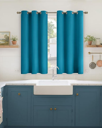YoungsTex Short Blackout Kitchen Curtains 45 Inch Length - Thermal Insulated Drapes with Grommet Room Darkening Privacy for Bedroom Bathroom Window, 2 Panels, Teal Blue, 42 x 45 Inch