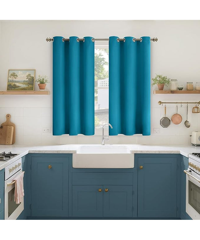 YoungsTex Short Blackout Kitchen Curtains 45 Inch Length - Thermal Insulated Drapes with Grommet Room Darkening Privacy for Bedroom Bathroom Window, 2 Panels, Teal Blue, 42 x 45 Inch