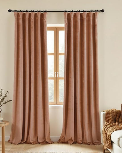 Cinnamon Velvet Thermal Blackout Curtains for Winter Insulated, Boho Chic Modern Farmhouse Vintage Luxury Pleated Black Out Curtain for Bedroom Living Room, 84 Inch Long 2 Panel Set, Terracotta Brown