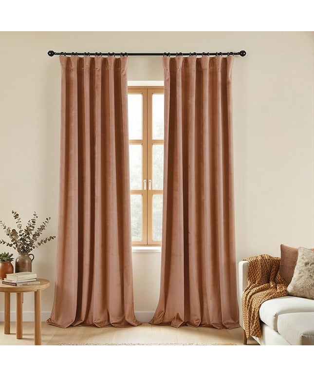 KOUFALL 90 Inch Cinnamon Velvet Blackout Curtains, Vintage Luxury Pleated Thermal Insulated Black Out Curtain for Bedroom Living Room, Wide 52x90 in Long, 2 Panel Set