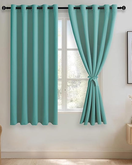 JIUZHEN Turquoise Blackout Curtains with Tiebacks Thermal Insulated, Light Blocking and Noise Reducing Grommet Curtains for Bedroom and Living Room, Set of 2 Window Curtain Panels, 60 x 63 Inch Length