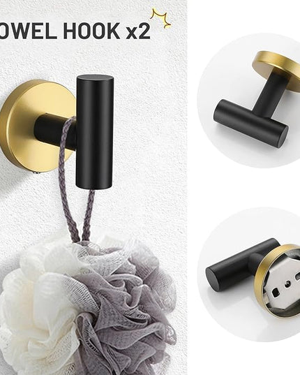 TURS Black and Gold 5 Piece Bathroom Hardware Set, SUS304 Stainless Steel Gold Black Towel Bar Set, 24 Inch Rould Bathroom Accessories Kit Wall Mounted