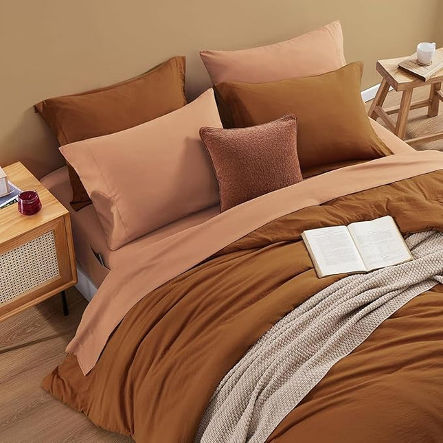 WRENSONGE Terracotta King Comforter Set, 7 Pieces Soft Microfiber King Size Comforter with Fitted Sheet, Flat Sheet 2 Pillow Shams, and 2 Pillowcases- Warm King Bedding Set for All Season