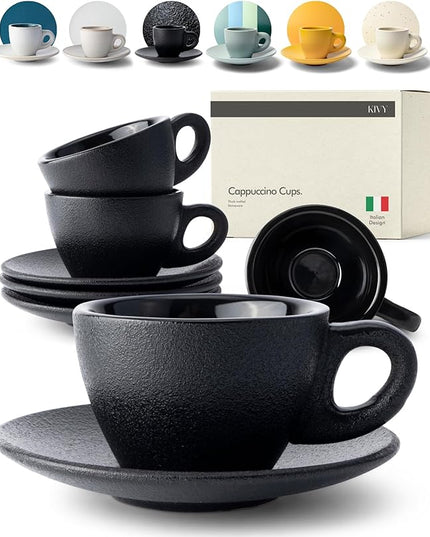 KIVY Cappuccino cups set of 4 [8oz] - Thick-walled stoneware cappuccino cup set for latte art - Latte mugs - Latte cups - Latte mug - Coffee cup black - Ceramic latte cup and saucer