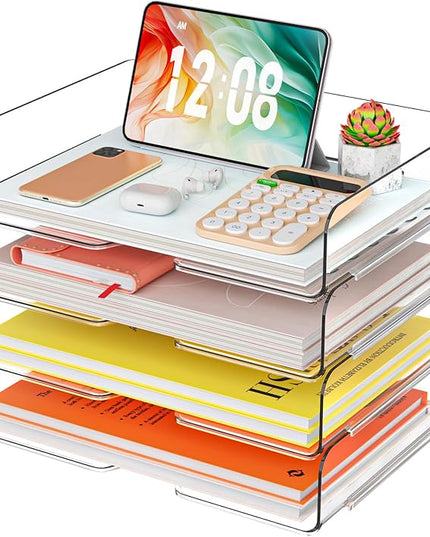 YKLSLH 4 Trays Paper Organizer Letter Tray - Acrylic Desk File Organizer, Stackable Clear Paper Holder Sorter Office Organizer for Letter/A4, Office File Ipad Books Notes Etc