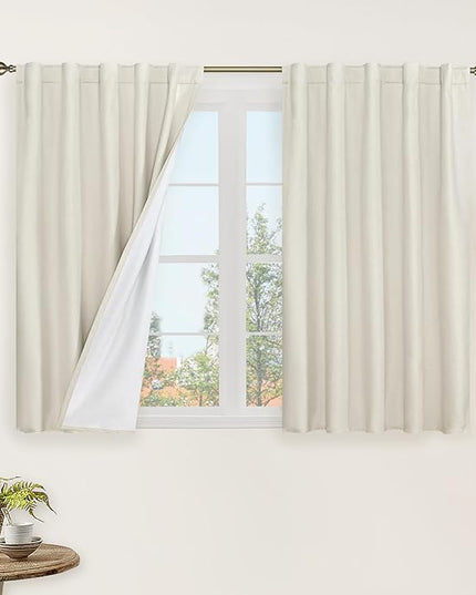 LAMIT Natural 100% Blackout Linen Curtains, 40 Inches Linen Textured Thermal Bedroom Curtains Back Tab and Rod Pocket Neutral Panels with White Liner for Farmhouse, 2 Panels, 42 x 40 Inch, Ivory