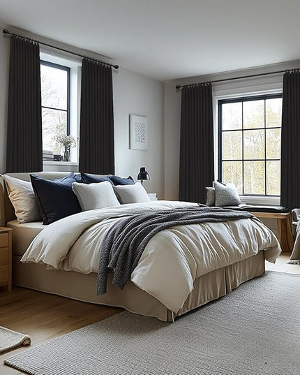 100% Blackout Shield Linen Look Textured Pinch Pleated Curtains Blackout Drapes 96 Inch Long 2 Panels Set, Faux Linen Blackout Curtains for Bedroom & Living Room, 40" W x 96" L, Black