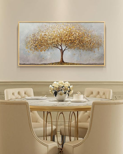 Large Framed Tree of Life Gold Wall Art, Large Canvas Prints Paintings Artwork for Walls, Modern Luxury Golden Big Tree Pictures for Living Room Fireplace Bedroom Kitchen Dining Room Office Wall Decor
