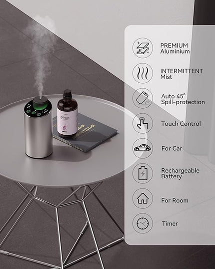 Waterless Essential Oil Diffuser Scent Aromatherapy Diffusers for Home Large Room, Car, Office, Portable Battery Operated Cordless Air Freshener, 4 Timers & 3 Mist Levels, 100ml Capacity (Silver)