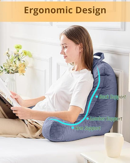 Sasttie Reading Pillow, Velvet Back Pillow for Bed Sitting Up, Adult Back-Rest Support Cushion with Arms for Sit Up on Couch, Sofa, and Floor, Dorm Essentials, Reading Accessories, Grey Purple