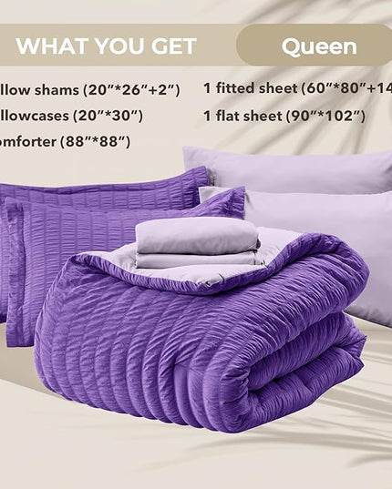 HYMOKEGE Dark Purple/Lavender Queen Comforter Set Seersucker 7 Pieces, All Season Luxury Bed in a Bag Queen for Bedroom, Bedding Set with Comforter, Sheets, Pillowcases & Shams