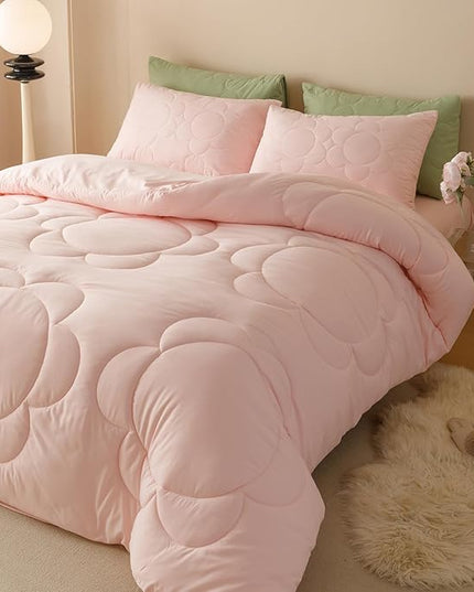 CLOTHKNOW Pink Queen Comforter Set 3Pcs Daisy Puff Bedding Comforter Sets Soft Floral Queen Comforter Pink Comforter with 2 x Pillow Cases
