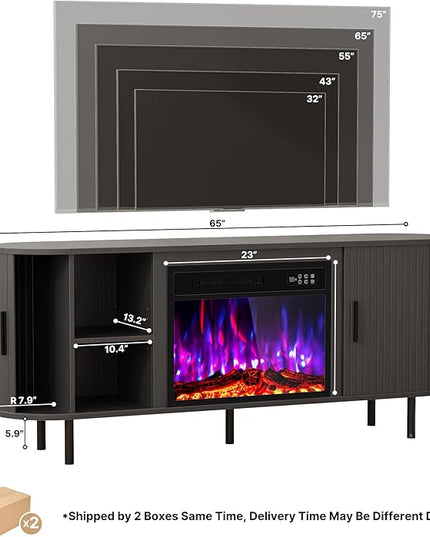 65" Fluted Fireplace TV Stand for TVs Up to 75 inches, Modern Entertainment Center with 23" Electric Fireplace, Wooden Curved TV Console with Sliding Doors for Living Room, Black