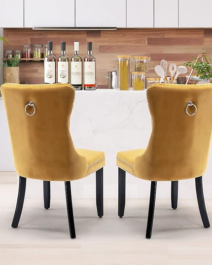 SoarFlash Velvet Dining Chairs Set of 2, Tall Back Side Chair, Modern Upholstered High-end Tufted Side Chair with Button Back Ring, Solid Wood Legs (Gold)