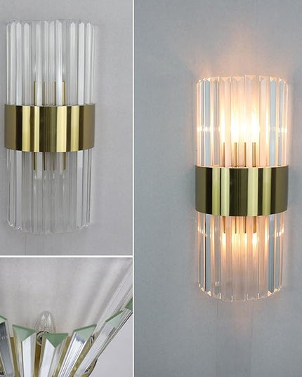 Gold Crystal Wall Sconce Set of 2, Modern Crystal Glass Sconces Lighting 2-Light Brass Glass Wall Light Fixtures for Bathroom Hallway Bedroom, 8-Inch