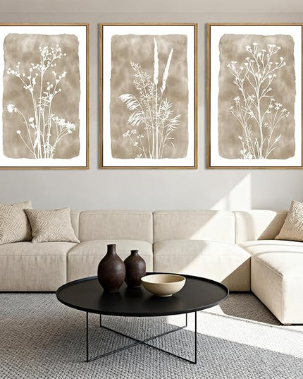 ANHUIB Beige Artwork 16x24 Inch Framed Beige Floral Wall Art Large Neutral Wildflower Wall Decor Vintage Plant Art Prints Set of 3 for Living Room Bedroom Office