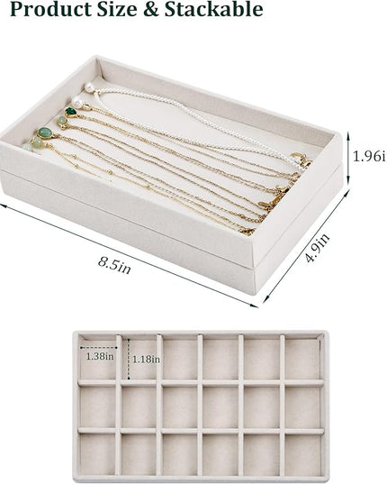Stackable Jewelry Organizer Trays with Removable Dividers, 2-Tray Beige Jewelry Drawer Organizer Set for Earrings, Necklaces, Rings & Bracelets Gift for Her