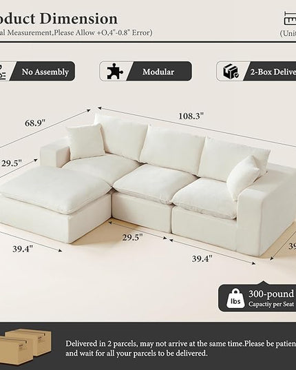 108" Sectional Couches for Living Room Boneless Couch Upholstered Cloud Couch Sectional Modular Sectional Sofa with L Shaped (Chenille-White, 3 Seat+1 Ottoman)