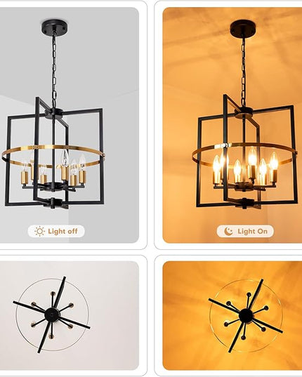 6-Light Black and Gold Chandelier, Geometric Dining Room Light Fixture, Modern Chandelier, Hanging Industrial Metal Farmhouse Chandeliers for Living Room Entryway Foyer Kitchen