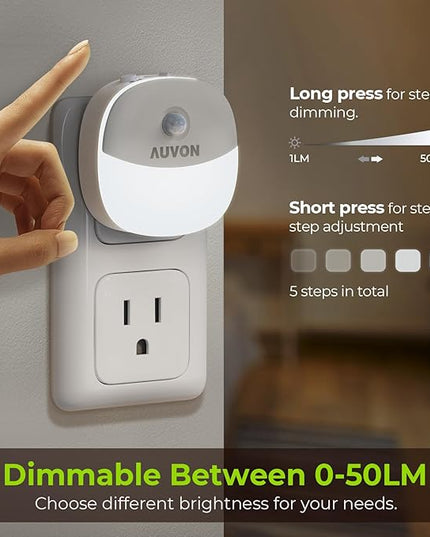 AUVON Plug in Night Light with Motion Sensor and Dusk to Dawn Sensor, Mini Cool White LED Nightlight with 1-50 lm Adjustable Brightness for Bathroom, Hallway, Stairs, Bedroom, Kitchen, 4 Packs