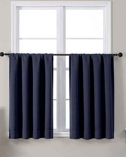 Gwine Short Blackout Curtains 36 Inches Long, Small Curtains Over Sink, Thermal Insulated Room Darkening Drapes for Bathroom Basement Patio Cabinet, 2 PCS, Each 40" Wx36 L, Navy Blue