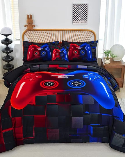 PERFEMET 6 Pieces Kids Comforter Sets Twin Size Red and Blue Game Console Bedding Set for Boys Girls Soft Fluffy 3D Cool Teen Gamer Bed in A Bag for All Seasons(Red Blue, Twin)