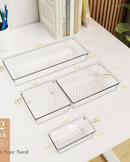 Criusia Drawer Organizer, 12 Pack Clear Plastic Kitchen Drawer Organizers Set,4-Size Versatile Bathroom and Vanity Organizer Trays,Storage Bins for Makeup, Bathroom, Jewelries and Office