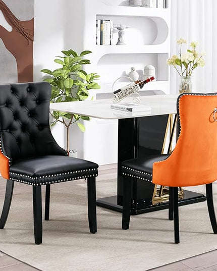 SoarFlash Leather Dining Chairs Set of 2, Tall Back Side Chair, Modern Upholstered Side Chair with Button Back Ring, Solid Wood Legs (Black&Orange)