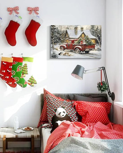 YONICA Christmas Wall Decor Christmas Canvas Wall Art Home Decorations 18x12 Inches - Christmas Pictures Red Truck and Pet Dog s Prints Winter Painting Xmas Artworks for Living Room Bedroom