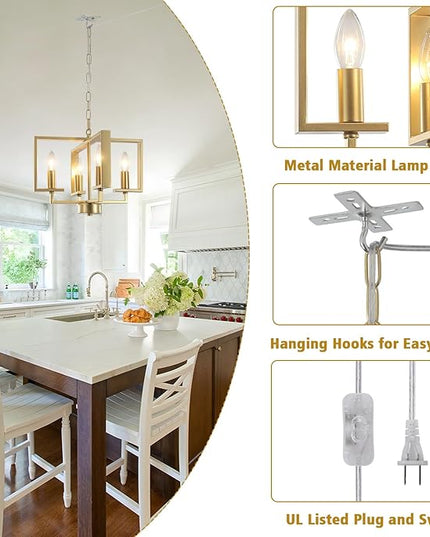 MEIJIA Hanging Lights with Plug in Cord, 4 Light Geometric Gold Plug in Chandelier with Cord 15FT & Switch, Plug in Hanging Light for Dining Room Living Room Kitchen Bedroom Gazebo