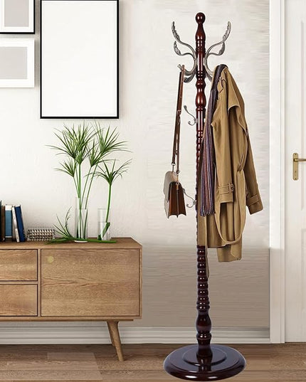 Coat Racks Free Standing with 14 Hooks, Natural Wood Coat Stands for Entryway, Adjustable Height 73 in Tree Coat Rack Stand for Hallway Home Office Bedroom (Mahogany metal)