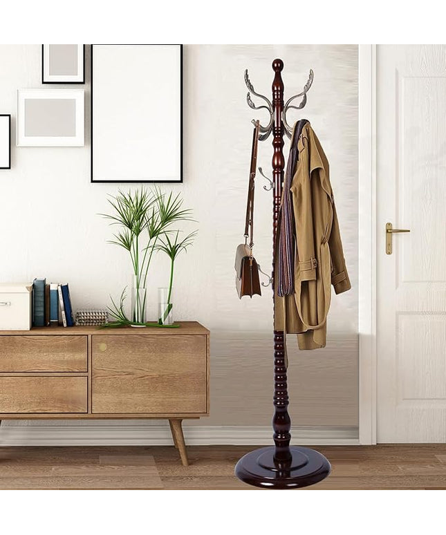 Coat Racks Free Standing with 14 Hooks, Natural Wood Coat Stands for Entryway, Adjustable Height 73 in Tree Coat Rack Stand for Hallway Home Office Bedroom (Mahogany metal)