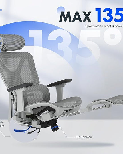 FLEXISPOT ErgoX Premium Ergonomic Office Chair with Footrest- Adjustable 3D Armrests, Dynamic Lumbar Support, Recline & Tilt Function, Mesh Seat, for Home & Office Use,Light Grey