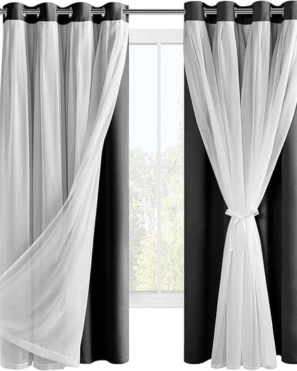 Hiasan Black Blackout Curtains with Sheer Overlay, Grommet Thermal Insulated Privacy Mix and Match Double Layer Window Curtains for Girls Bedroom, Living Room, 2 Drape Panels with Tiebacks, 52W X 63L