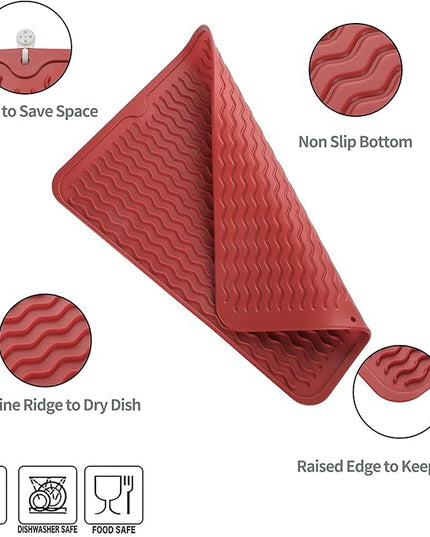 Silicone Dish Drying Mat for Multiple Usage,Easy clean,Eco-friendly,Heat-resistant Silicone Mat for Kitchen Counter or Sink,Refrigerator or drawer liner Red L 16 inches x 12 inches