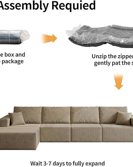 139" Boneless Cloud Sectional Couch for Living Room, Compressed Modular L-Shaped Sofa with Deep Seat, Frameless Corduroy Couch in Boxes, No Assembly Required 4-Seater (Left-Facing Chaise, Grey)