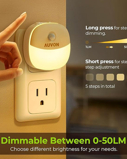 AUVON Plug in Night Light with Motion Sensor and Dusk to Dawn Sensor, Mini Warm White LED Nightlight with 1-50 lm Adjustable Brightness for Bathroom, Hallway, Stairs, Bedroom, Kitchen, 4 Packs
