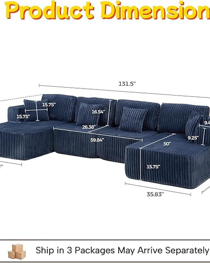 132" U Shaped Boneless Couch, Cloud Sectional Modular Sofa with Double Chaise Lounge, Corduroy Cloud Couch with Pillows & Deep Seat, Boneless Sofa for Living Room, Blue