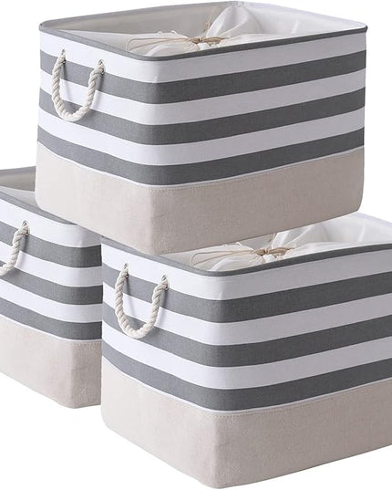 TheWarmHome Jumbo Storage Bins Baskets, Sturdy Fabric Organizing Basket W/Handles, Decorative Foldable Storage Baskets for Shelves Closet Nursery Toy (Grey&White Stripes 3 Pack, 20.5Lx15.7Wx13.8H in)