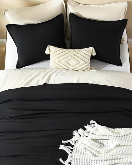 Litanika Black Comforter Full Size, 3 Pieces Boho Lightweight Solid Bedding Comforter Set, All Season Fluffy Bed Set (79x90In Comforter & 2 Pillowcases)