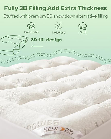 BEDLORE Queen Mattress Topper Viscose Derived from Bamboo, Thick Pillow Top Mattress Pad with Stretchable Pockets for 6-18 inches Mattress, Soft Breathable Mattress Topper for Back Pain Relief