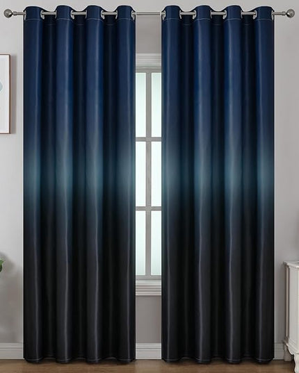 Estelar Textiler Navy Blue and Black Ombre Blackout Curtains 90 Inch Length for Bedroom, Room Darkening Thermal Insulated Grommet Window Curtain & Drapes for Living Room, 2 Panels, 52x90 Inches