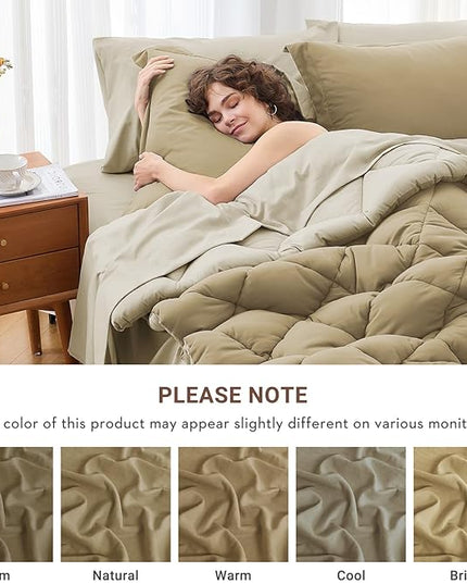 MUXHOMO 7 Pieces King Comforter Set, Reversible Bed in a Bag King Size, All Season Bedding Set with Comforter, Flat Sheet, Fitted Sheet, Pillowcases & Shams, Khaki & Linen
