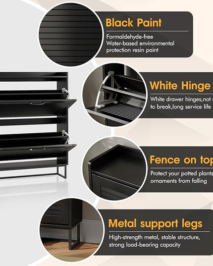 Maupvit Shoe Storage Cabinet with 2 Flip Louvered Doors, Freestanding Organizer with Metal Legs, Shoe Cabinet for Entryway, Narrow Shoe Rack Cabinet, Black