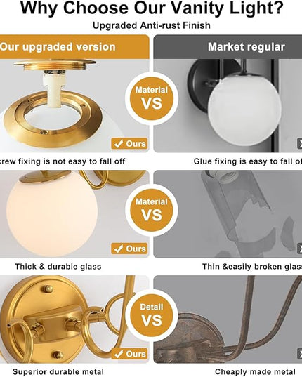 3 Lights Vintage Bathroom Vanity Light Fixtures Over Mirror, Brushed Gold Vanity Lights For Bathroom With Milk White Glass Globe Shade, Wall lights For Bedroom, Hallway, Dressing Table,Includ G9 Bulbs