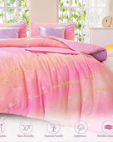 Rainbow Bedding Set Queen Size – 6-Piece Reversible Girls Comforter with Deep-Pocket Sheet, Gradient Galaxy Design, Whole-Piece Filling, Machine Washable Bed-in-a-Bag for Kids Room Makeover & Gifts